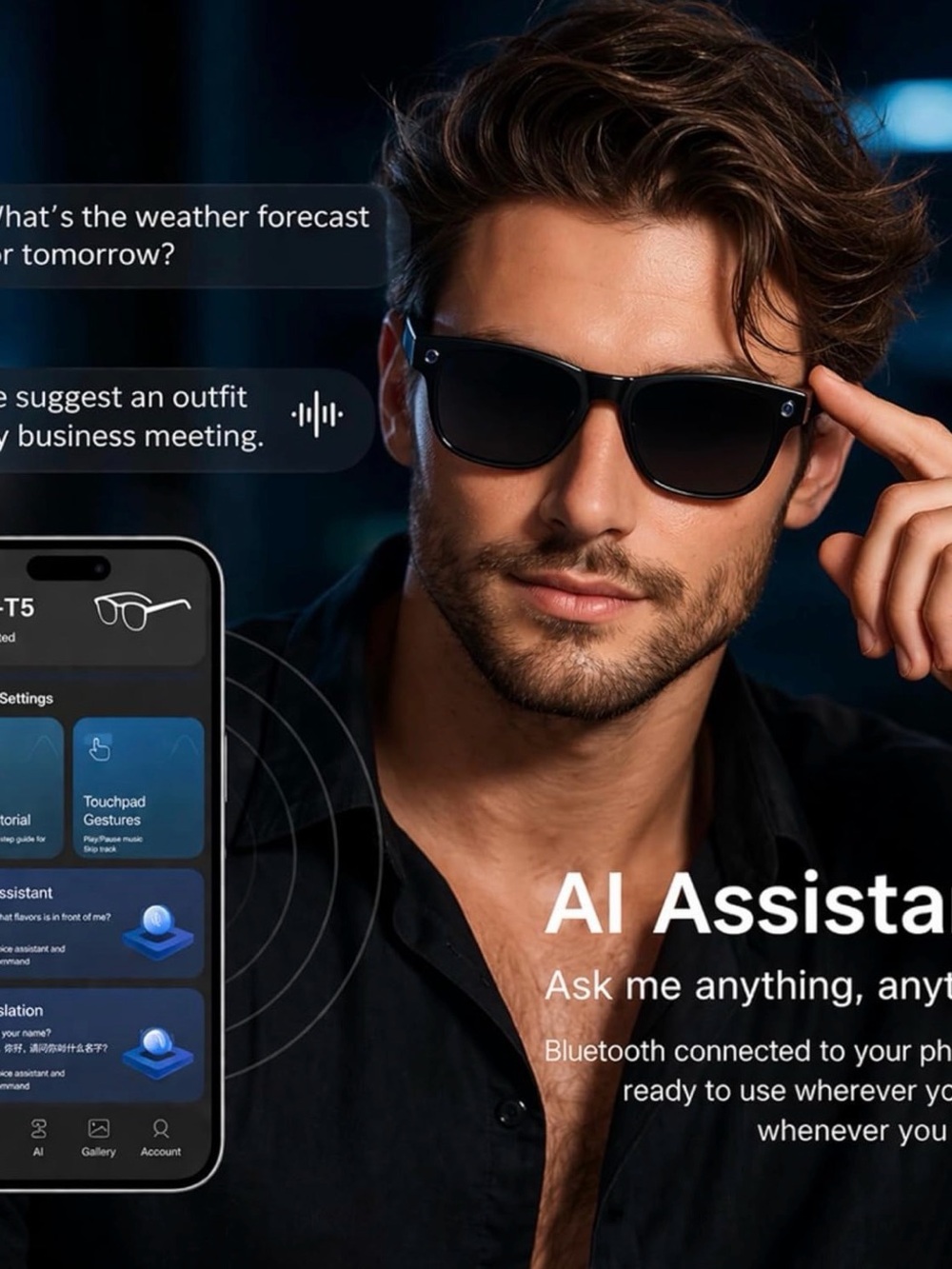 AI Smart Glasses Sunglasses in Black - Picture 7 of 10